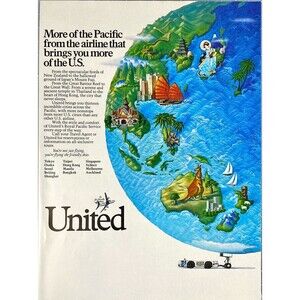 United Airlines "More of the Pacific" Painting Ports of Calls Vtg Print Ad 1986